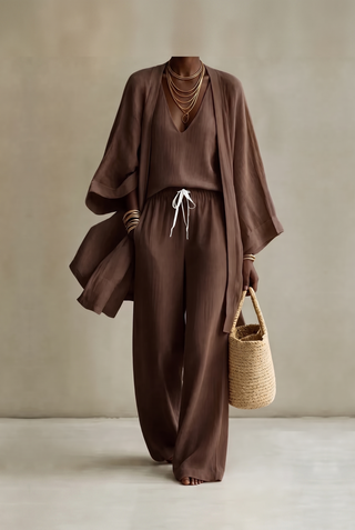 TANISHA - 3-Piece Linen Look Set Brown