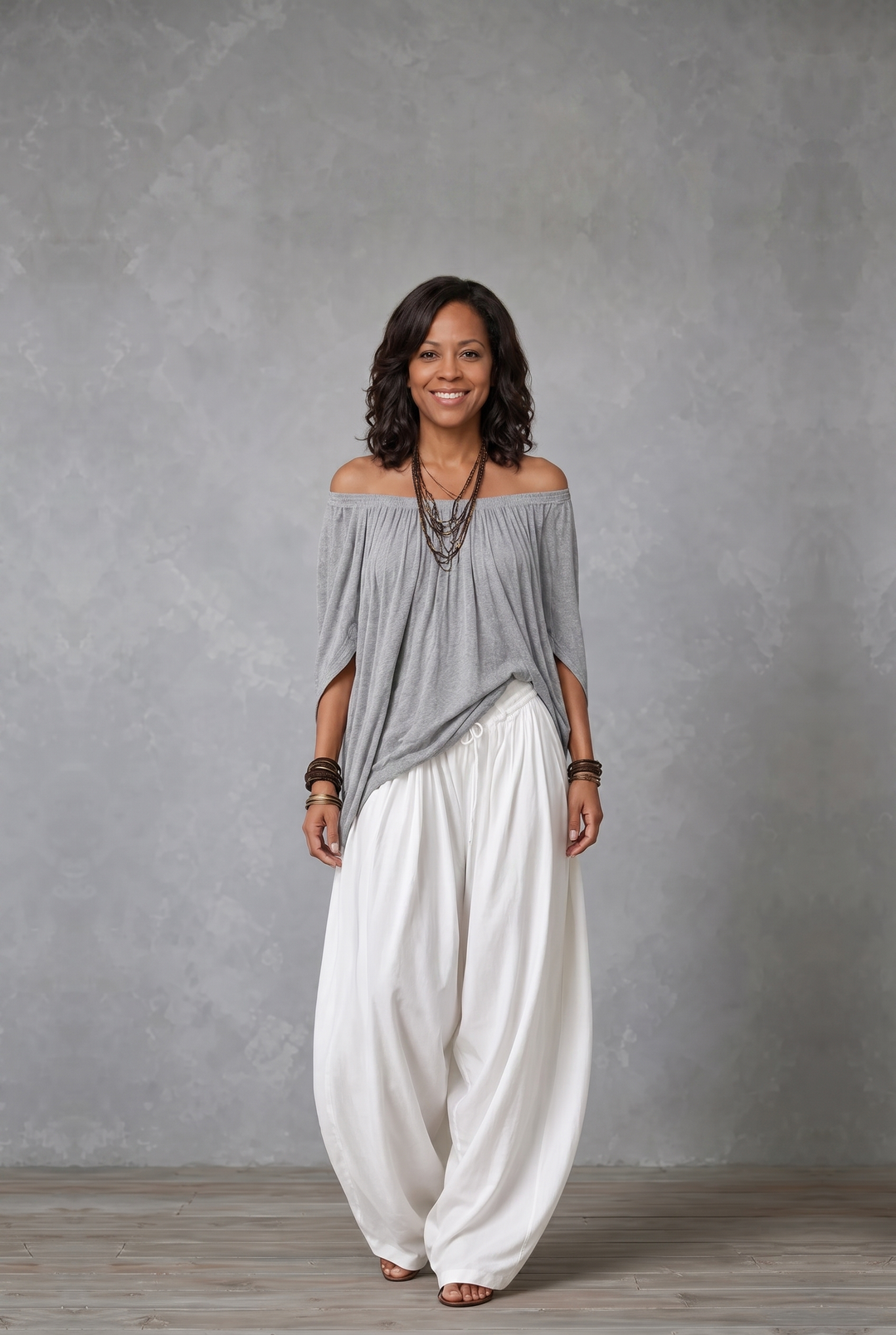 JADIA - Off-Shoulder Palazzo Two-Piece Set Gray