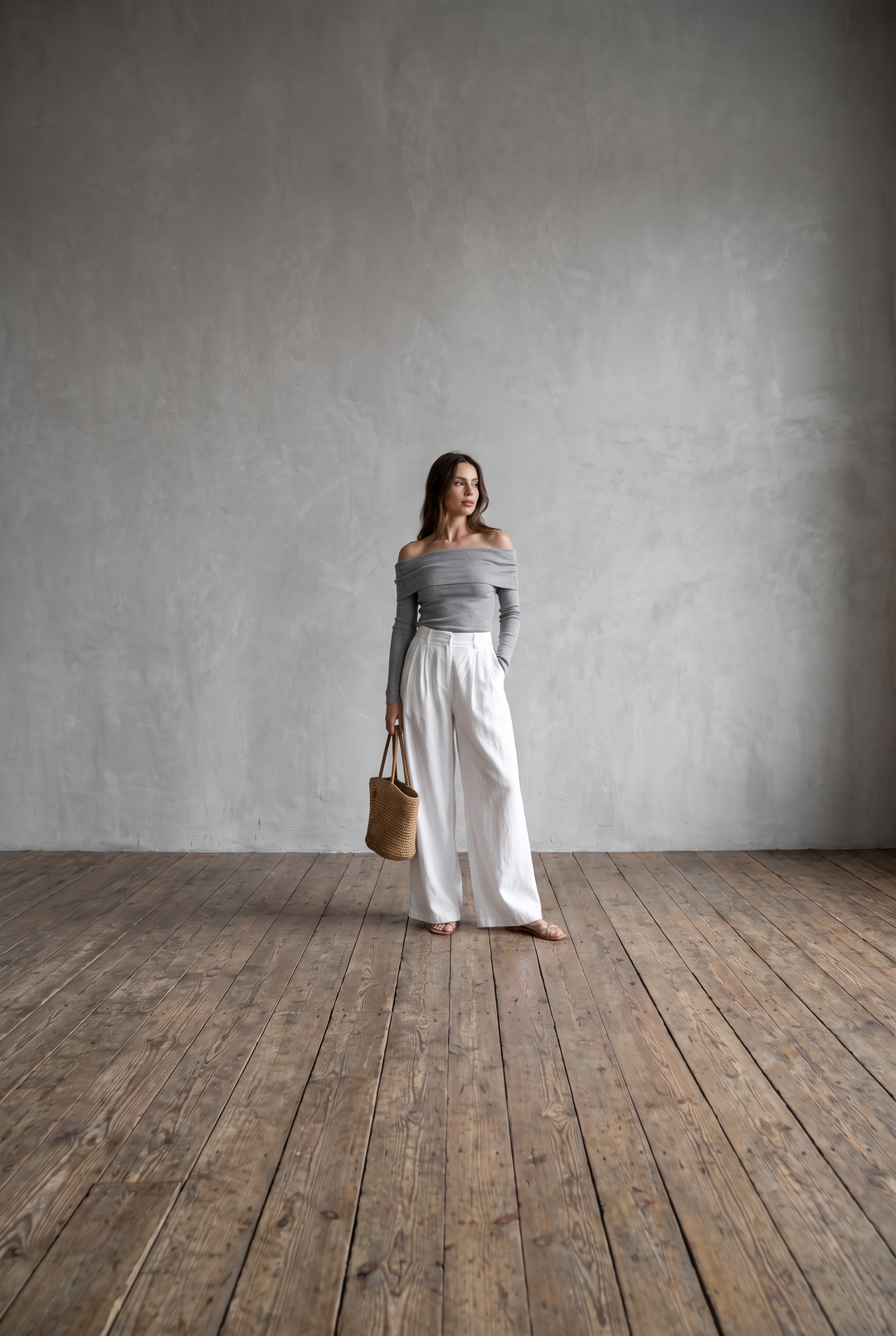 JADIA - Off-Shoulder Palazzo Two-Piece Set Gray