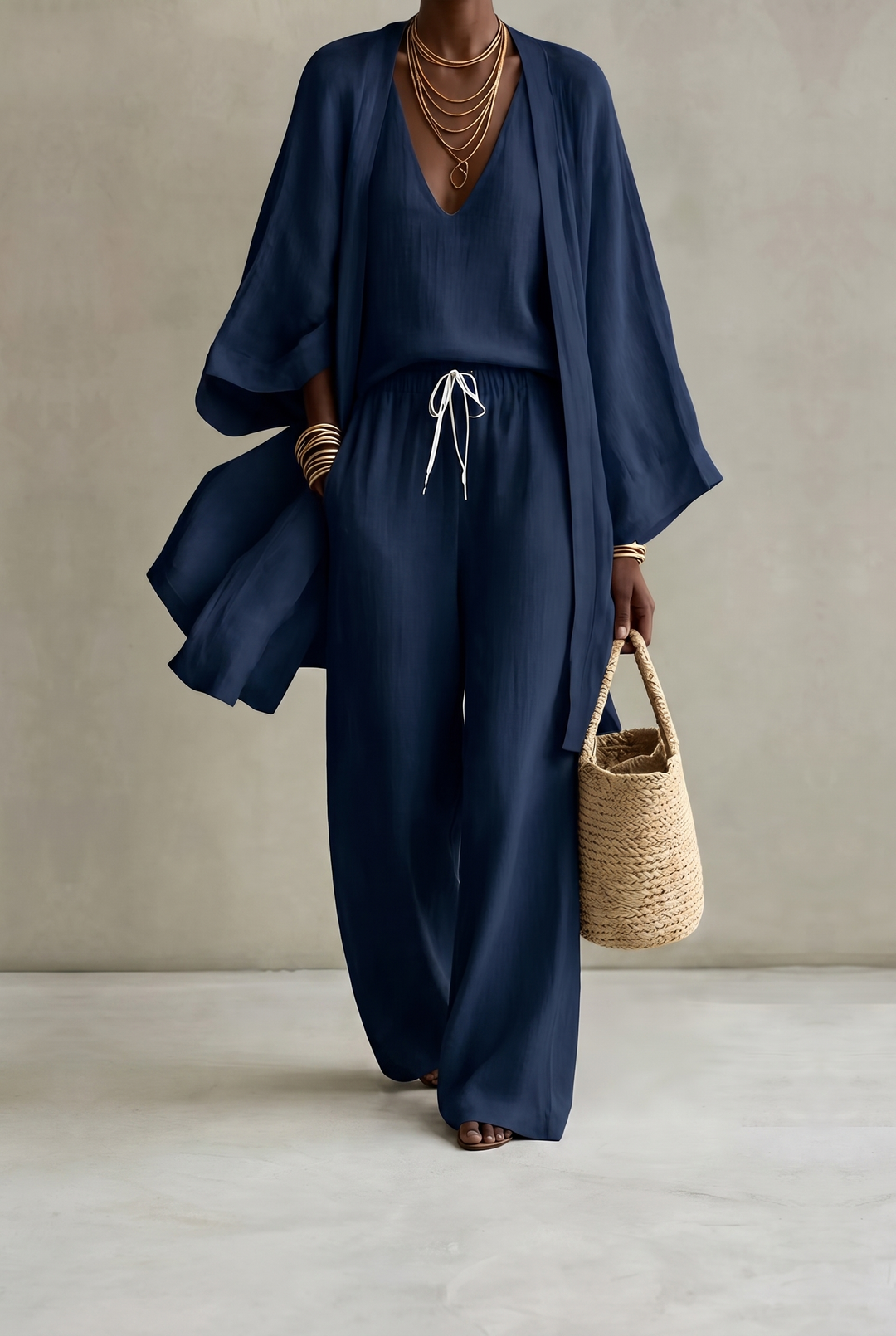 TANISHA - 3-Piece Linen Look Set Dark Blue