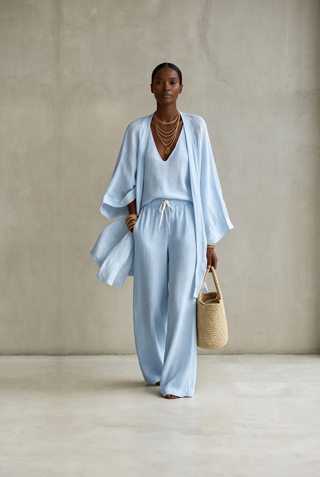 TANISHA - 3-Piece Linen Look Set Light Blue
