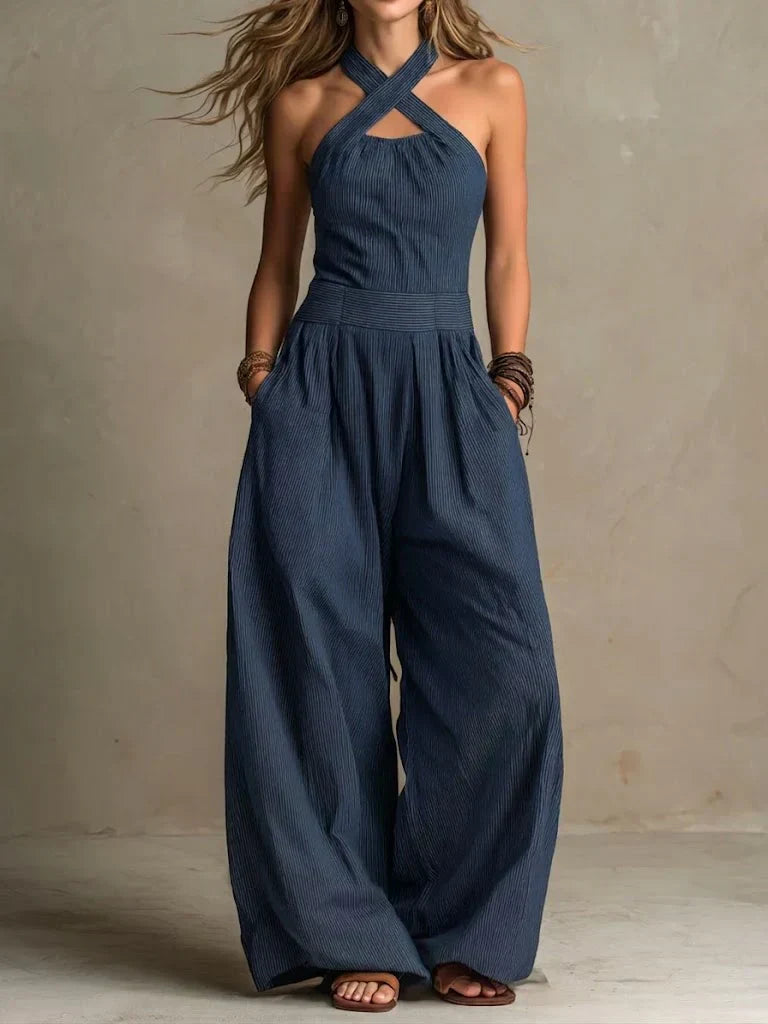 CARLOTTA™ - Linen Crossover Jumpsuit - Navy blue