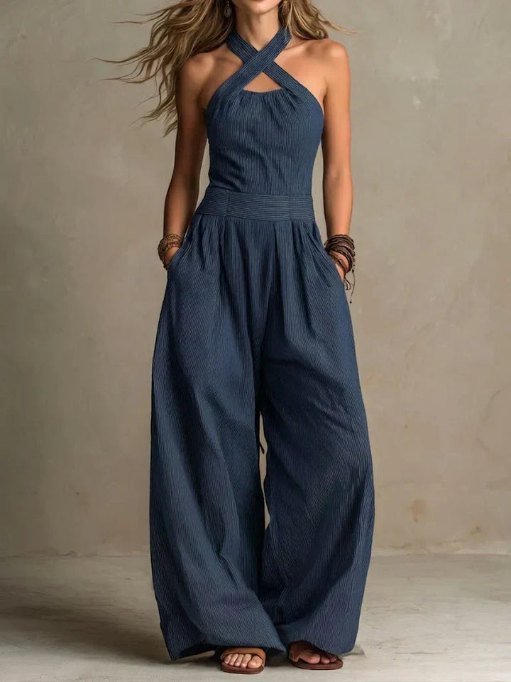 CARLOTTA™ - Linen Crossover Jumpsuit - Navy blue