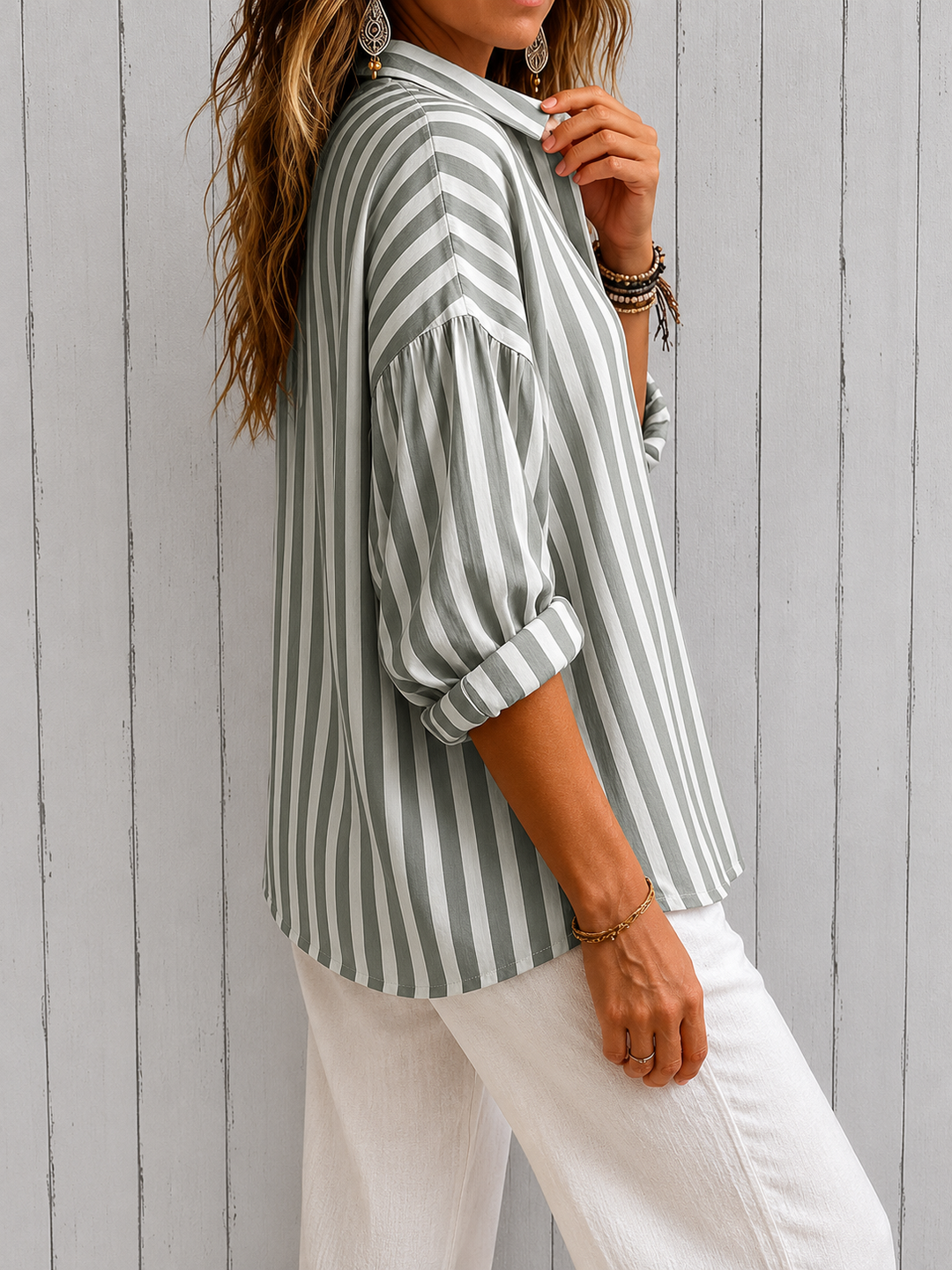 Rosaline - Loose Striped Blouse with Collar
